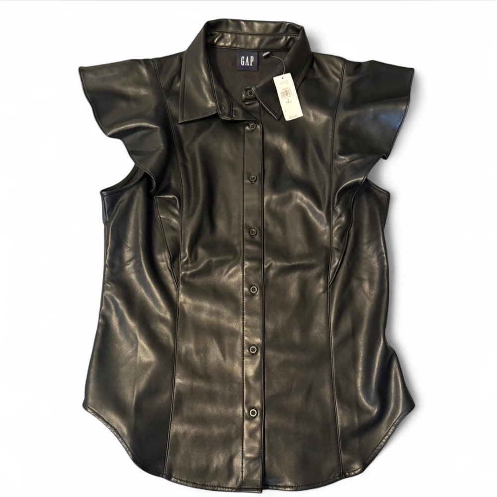 NWT Women’s Gap Vegan Leather Flutter Sleeve Shirt in black. Size Small Tall - Picture 2 of 6